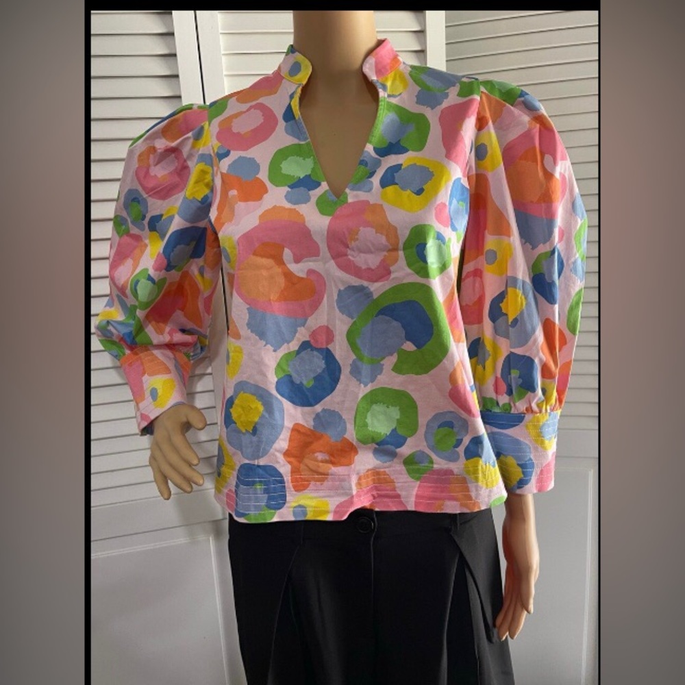 Multicolor Watercolor Spot V-Neck Puff Sleeve Blouse